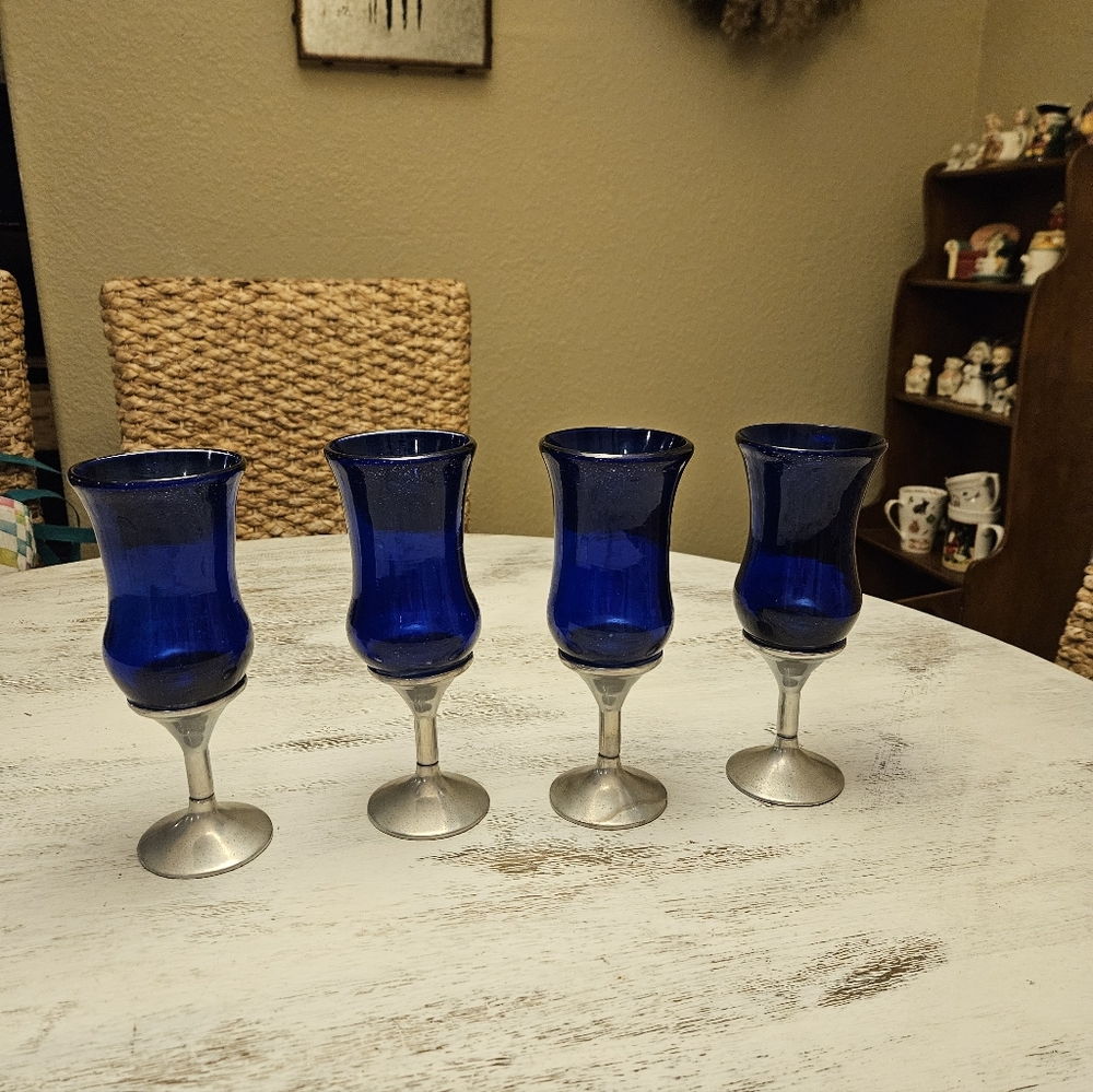 Mexican Hand Blown Cobalt Blue Pewter Silver Glass Goblets Set of 4